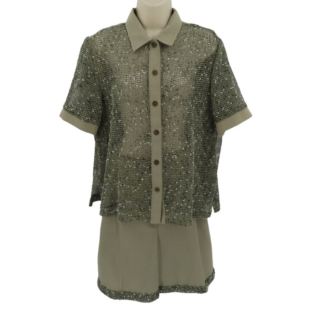 VTG Marshall Women 16 Green Sheer Mesh Collared Shirt Shorts 2 Piece Set Safari